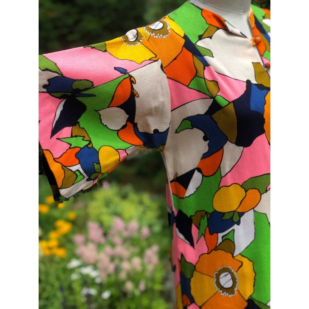 Vintage 60s/70s Psychedelic Floral Citrus Fruit Flower Power Hostess Maxi Dress - Picture 12 of 16